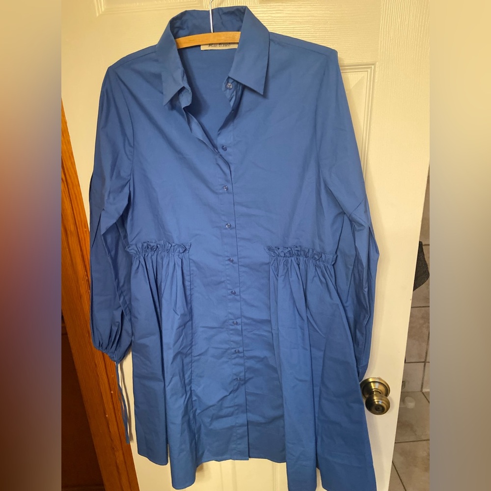Anthropologie Blue Tassel Collared Button-Down Shirt Dress – Size Mecium